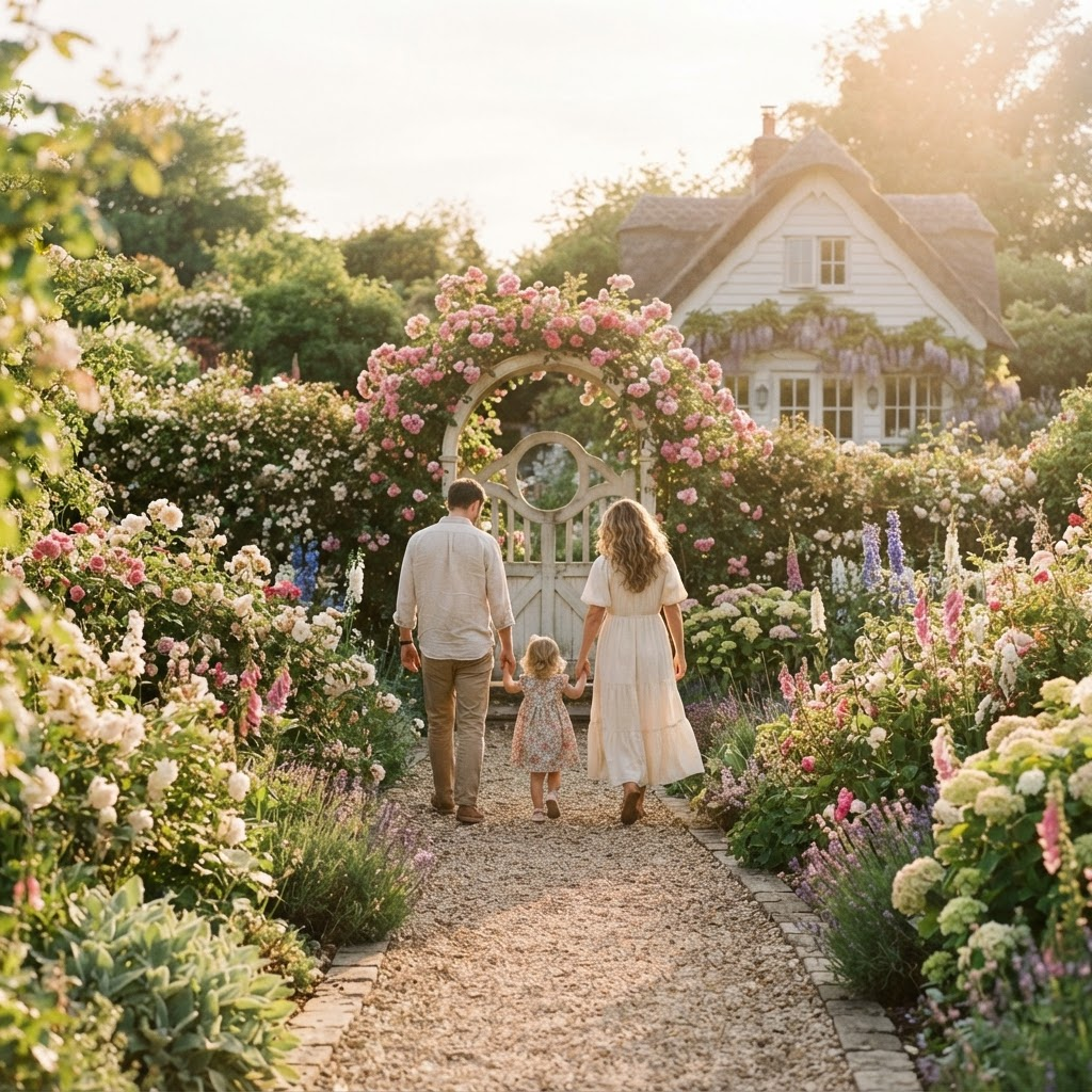 A family walking a garden path toward a summerhouse gate framed by climbing roses
